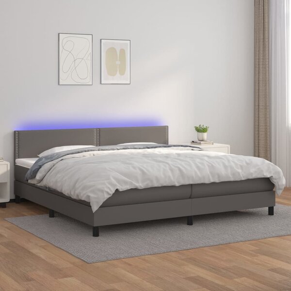 VidaXL Box spring postelja z vzmetnico LED siva 200x200cm umetno usnje