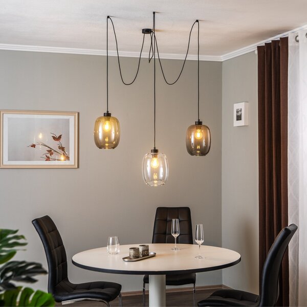 TK Lighting Elio viseča svetilka, steklo, rjava/čista/siva, 3-svetlobna,, zatemnjen, Prozorna, Dnevna soba / jedilnica, Steklo, Sodobni