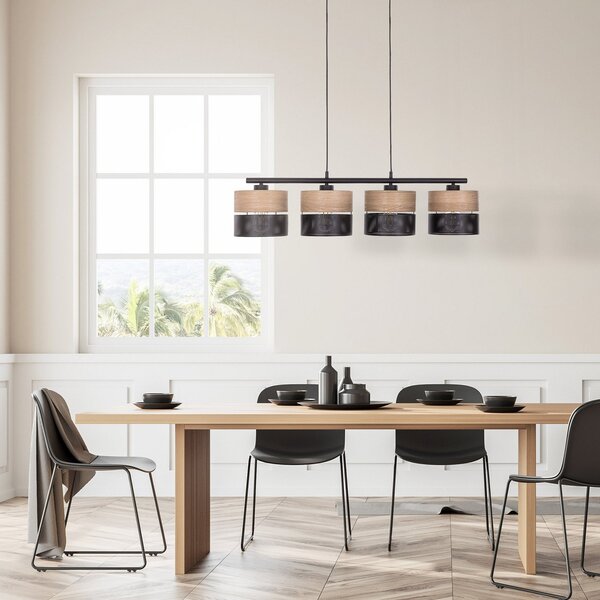 TK Lighting Nicolova viseča svetilka, črna/drevesni učinek, 94x20 cm 4-svetlobna 4 x, zatemnjen, Črna, Dnevna soba / jedilnica, Kovina, Sodobni