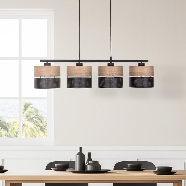 TK Lighting Nicolova viseča svetilka, črna/drevesni učinek, 94x20 cm 4-svetlobna 4 x, zatemnjen, Črna, Dnevna soba / jedilnica, Kovina, Sodobni