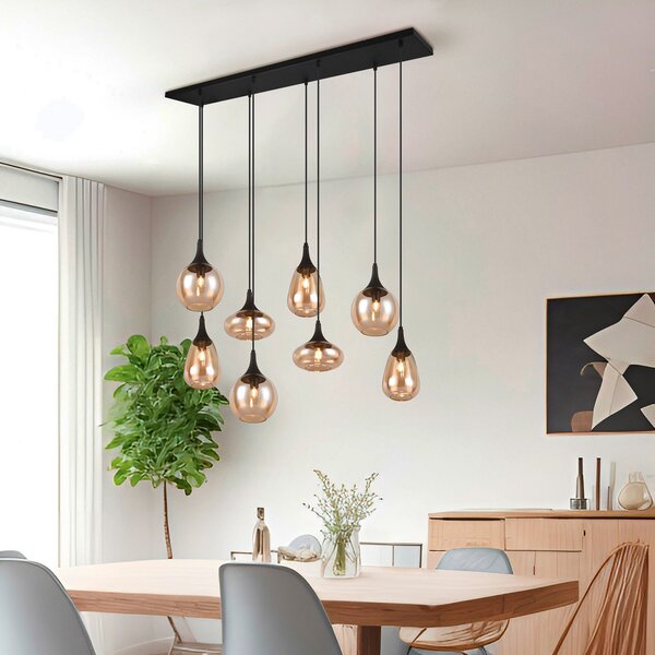 Trio Lighting Obesna svetilka Lumina, 8-svetlobna, črna/jantarna, steklo, zatemnjen, Dnevna soba / jedilnica, Steklo, Sodobni