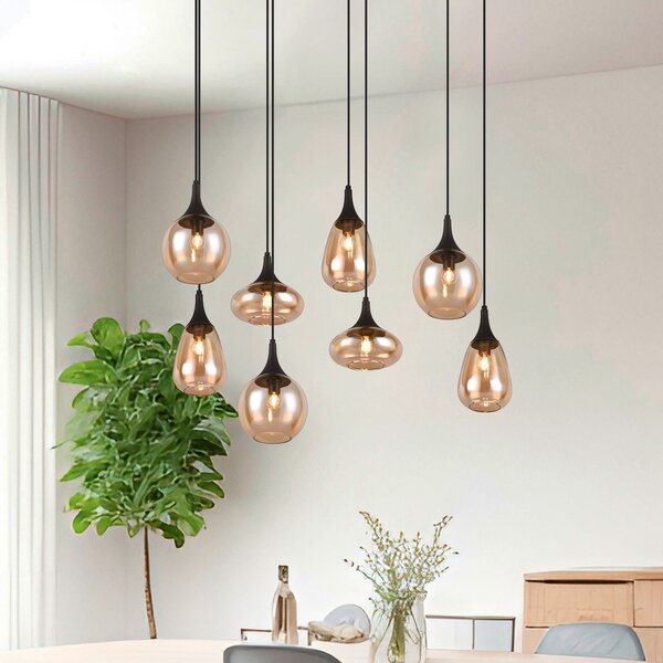 Trio Lighting Obesna svetilka Lumina, 8-svetlobna, črna/jantarna, steklo, zatemnjen, Dnevna soba / jedilnica, Steklo, Sodobni