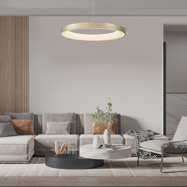 Mantra Iluminación LED viseče svetilo Niseko II, daljinski upravljalnik, Ø 50 cm zlate barve, zatemnjen, Zlata / medeninasta, Dnevna soba / jedilnica, Aluminij, Sodobni