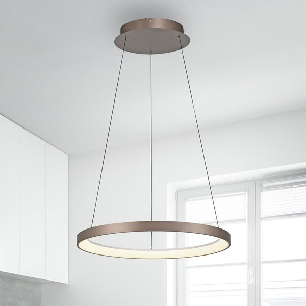Paul Neuhaus LED viseča svetilka Hoop, rjava, Ø 57 cm, z možnostjo zatemnitve, zatemnjen, Rjava / rjasta, Dnevna soba / jedilnica, Aluminij, Sodobni