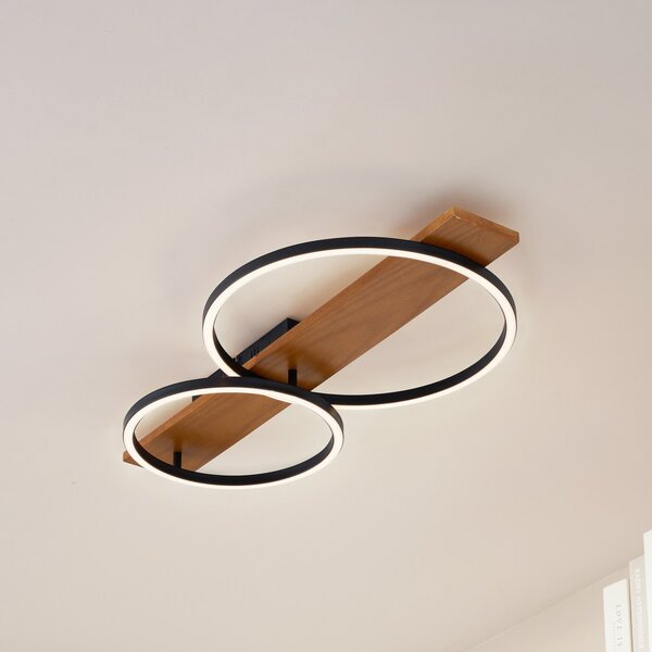Lindby LED stropna svetilka Galad, črna, les, 2-svetlobna, 75 cm, zatemnjen, Les, Dnevna soba / jedilnica, Les, Sodobni, Okrogli neposredni strop