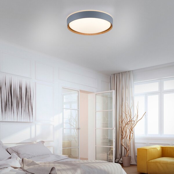 Q-Smart-Home Paul Neuhaus Q-EMILIA LED stropna svetilka, siva/lesena, zatemnjen, Siva, Dnevna soba / jedilnica, Kovina