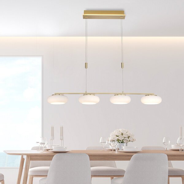 Q-Smart-Home Paul Neuhaus Q-ETIENNE LED viseča svetilka 4fl, medeninasta, zatemnjen, Zlata / medeninasta, Dnevna soba / jedilnica, Kovina