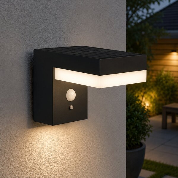 Lumisky LED-sončna stenska svetilka Cenova, črna, širina 16 cm, senzor, Črna, Aluminij, Sodobni