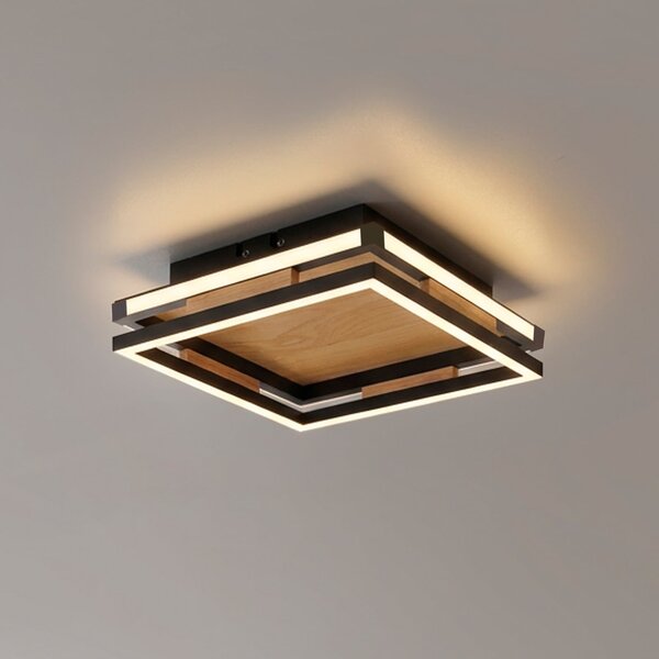 Paul Neuhaus LED-stropna svetilka Sveja, dolžina 30 cm, črna/v barvi lesa, CCT, zatemnjen, Les, Dnevna soba / jedilnica, Les, Sodobni