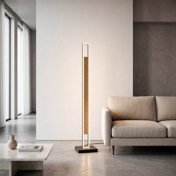 Paul Neuhaus LED-stoječa svetilka Sveja, črna/v barvi lesa, višina 140 cm, CCT, zatemnjen, Les, Dnevna soba / jedilnica, Les, Sodobni