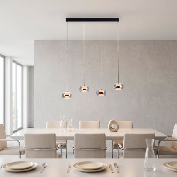 Paul Neuhaus LED-visoka svetilka Fumea, dolžina 110 cm, črna/dimna, steklo, CCT, 4-žarnica, zatemnjen, Siva, Dnevna soba / jedilnica, Steklo