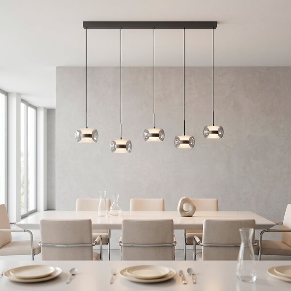 Paul Neuhaus LED-visoka svetilka Fumea, dolžina 119 cm, črna/dimna, steklo, CCT, 5-žarnica, zatemnjen, Siva, Dnevna soba / jedilnica, Steklo