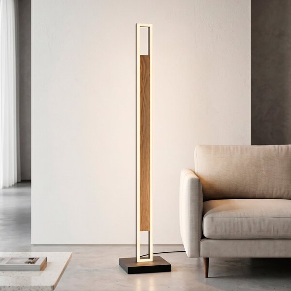 Paul Neuhaus LED-stoječa svetilka Sveja, črna/v barvi lesa, višina 140 cm, CCT, zatemnjen, Les, Dnevna soba / jedilnica, Les, Sodobni