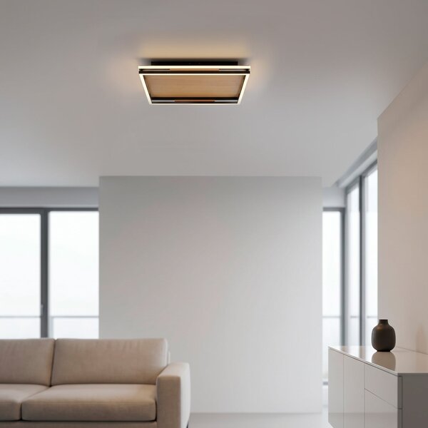 Paul Neuhaus LED-stropna svetilka Sveja, dolžina 45 cm, črna/v barvi lesa, CCT, zatemnjen, Les, Dnevna soba / jedilnica, Les, Sodobni