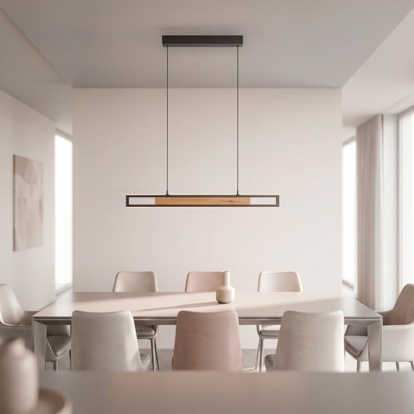 Paul Neuhaus LED-visoka svetilka Sveja, dolžina 80 cm, črna/v barvi lesa, CCT, zatemnjen, Les, Dnevna soba / jedilnica, Les, Sodobni