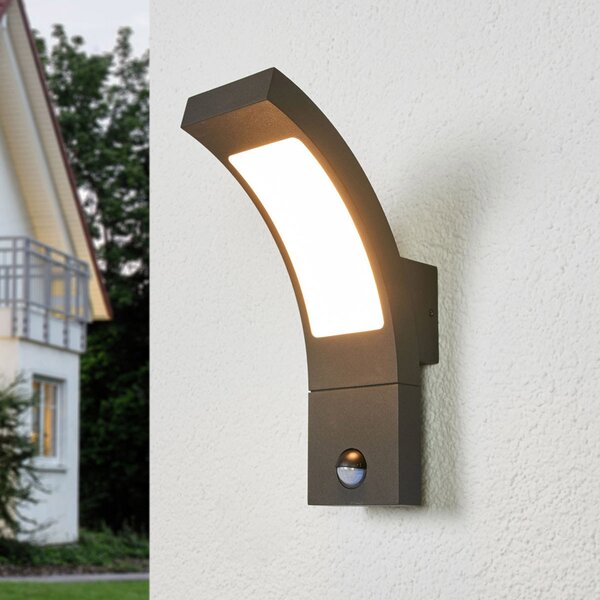 Lucande LED zunanja stenska svetilka Juvia, senzor, 27 cm, siva, IP54, Črna, Kovina, Sodobni