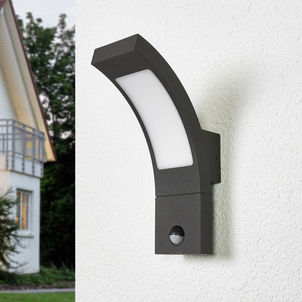 Lucande LED zunanja stenska svetilka Juvia, senzor, 27 cm, siva, IP54, Črna, Kovina, Sodobni