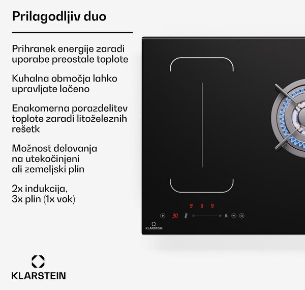 Klarstein MultiChef 5 Wok, indukcijska in plinska kuhalna plošča, 5 kuhališč, 3 plinski gorilniki, 2 indukcijski kuhališči, FlexZone