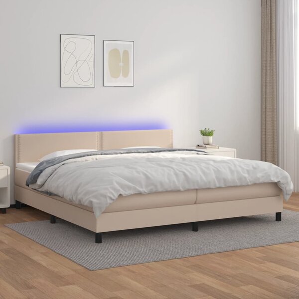 VidaXL Box spring postelja vzmetnico LED kapučino 200x200 cm um. usnje