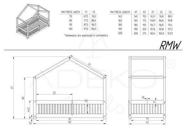 Otroška postelja iz masivnega bora v obliki hiške z dodatnim ležiščem in prostorom za shranjevanje 120x200 cm Mila RMW – Adeko