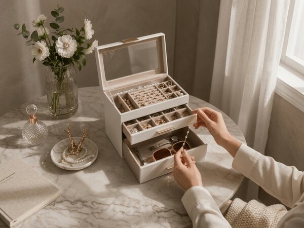 Škatla za nakit ELEGANT CASE 25,1x21,5x15,3 cm iz eko usnja, bež