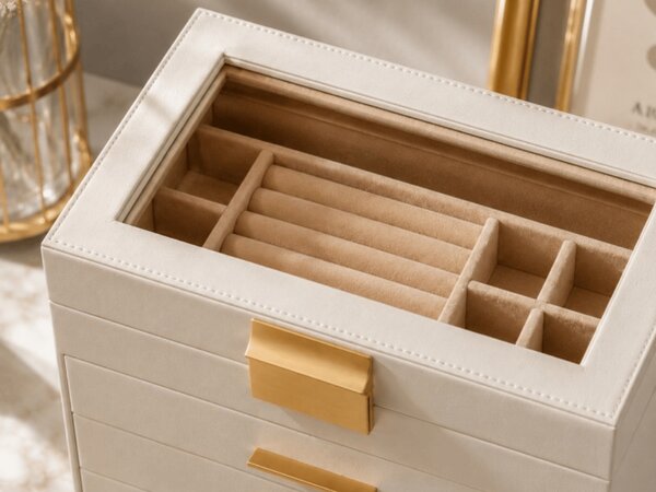 Škatla za nakit ELEGANT CASE 25,1x21,5x15,3 cm iz eko usnja, bež