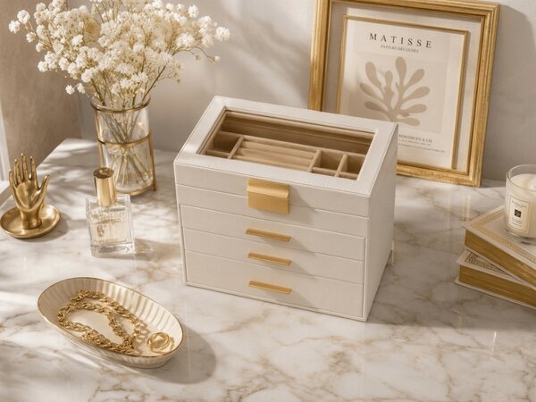 Škatla za nakit ELEGANT CASE 25,1x21,5x15,3 cm iz eko usnja, bež