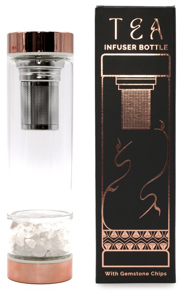 Steklenička za čaj s kristali – Kamena strela, 500 ml - Rose Quartz, Glass, Metal - Rojstni dan - Birma - Za 30 let - Dan žena - Izdelki pomladi