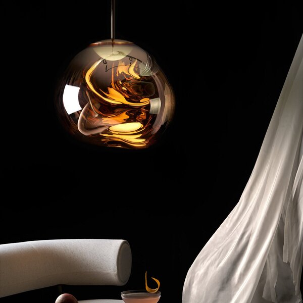 Tom Dixon LED obesna svetilka Melt Mini, Ø 28 cm, zlata, zatemnjen, Zlata / medeninasta, Dnevna soba / jedilnica, Plastika, Dizajn