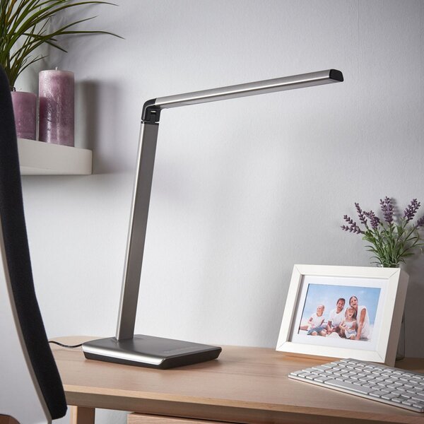 Lindby LED namizna svetilka Kuno, siva, USB, zatemnitev na dotik, zatemnjen, Siva, Študija / pisarna, Plastika, Sodobni
