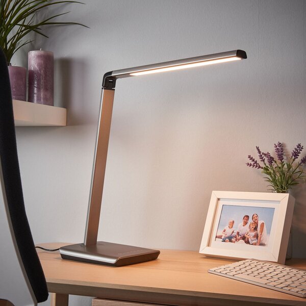 Lindby LED namizna svetilka Kuno, siva, USB, zatemnitev na dotik, zatemnjen, Siva, Študija / pisarna, Plastika, Sodobni