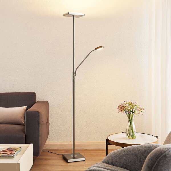 Lindby LED-stojna svetilka Sumani, kvadratna, nikl, višina 180 cm, zatemnjen, Siva, Dnevna soba / jedilnica, Kovina, Sodobni, Svetilka za branje