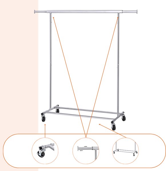 Stojalo za oblačila INEZ na kolesih, maks. 90kg, 83,5x45x160cm, srebrn Jurhan