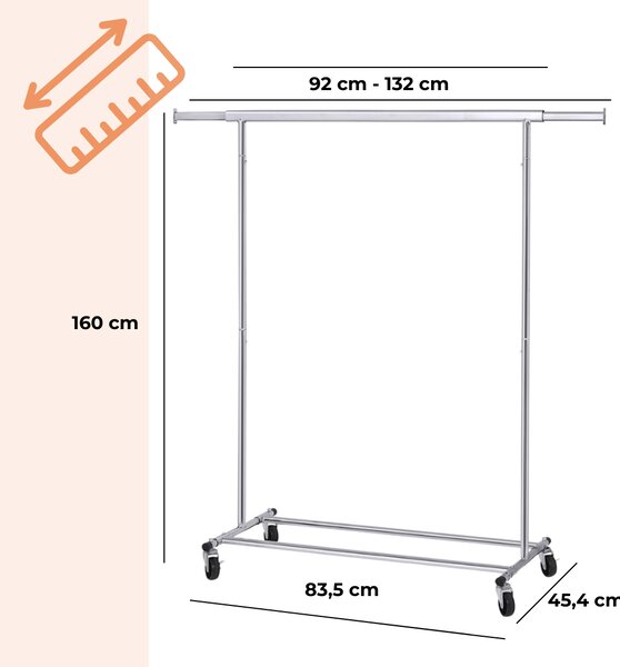 Stojalo za oblačila INEZ na kolesih, maks. 90kg, 83,5x45x160cm, srebrn Jurhan
