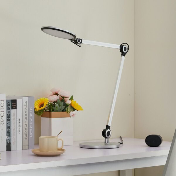 Lindby LED namizna svetilka Nyxaris, srebrna, kovinska, CCT, 50 cm, zatemnjen, Kovinska, Študija / pisarna, Plastika, Sodobni