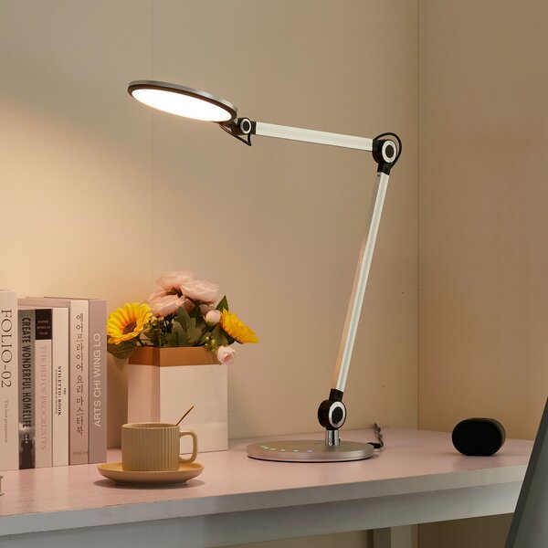 Lindby LED namizna svetilka Nyxaris, srebrna, kovinska, CCT, 50 cm, zatemnjen, Kovinska, Študija / pisarna, Plastika, Sodobni