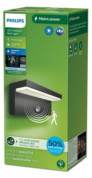 Philips Philipsova zunanja stenska svetilka LED Bustan UE, senzor, 4.000 K, Črna, Aluminij, Sodobni, Stenska kotna