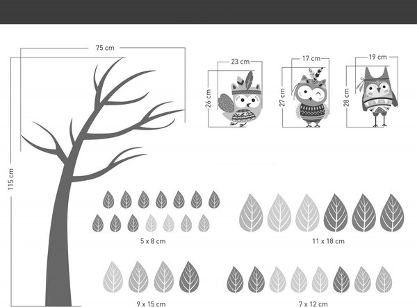Stenska nalepka pisane sove na drevesu v indijskem slogu 171 x 122 cm