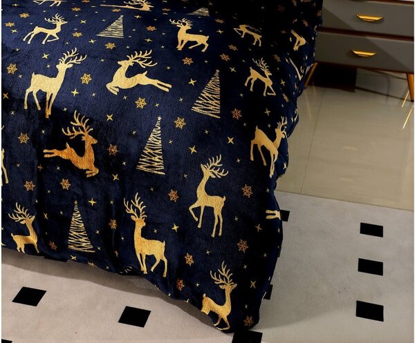 Posteljnina iz mikropliša GOLDEN DEER temno modra + rjuha iz mikropliša SOFT 90x200 cm modra