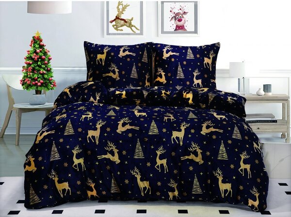 Posteljnina iz mikropliša GOLDEN DEER temno modra + rjuha iz mikropliša SOFT 90x200 cm modra