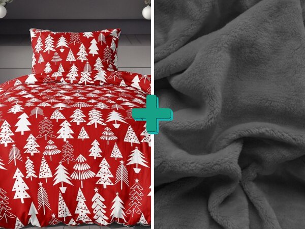 Flanelasta posteljnina CHRISTMAS TREES rdeča + rjuha iz mikro pliša SOFT 90x200 cm temno siva