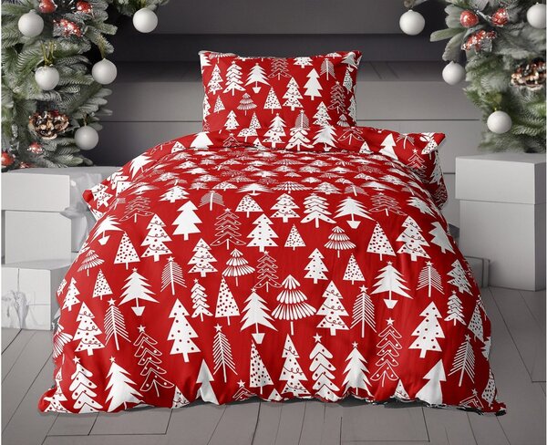 Flanelasta posteljnina CHRISTMAS TREES rdeča + rjuha iz mikro pliša SOFT 90x200 cm temno siva