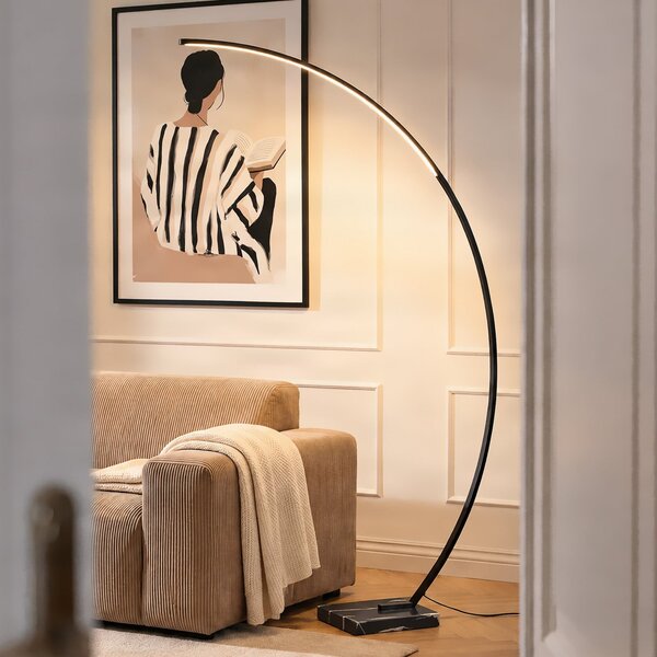 Lindby LED obokana talna svetilka Kendra, črna, aluminij, višina 180 cm, zatemnjen, Črna, Dnevna soba / jedilnica, Kovina, Sodobni