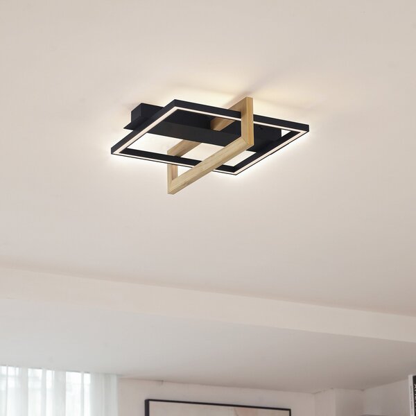 Lindby LED stropna svetilka Holamu, 46 cm, črna, les, kovina, Črna, Dnevna soba / jedilnica, Aluminij, Sodobni