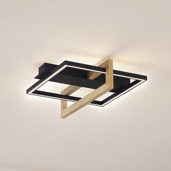 Lindby LED stropna svetilka Holamu, 46 cm, črna, les, kovina, Črna, Dnevna soba / jedilnica, Aluminij, Sodobni