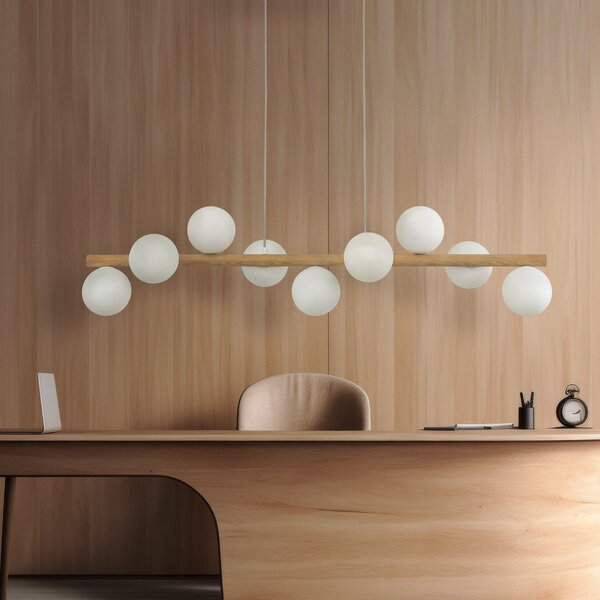 TK Lighting Estera viseče svetilo, opalno steklo, les, devet luči, zatemnjen, Les, Dnevna soba / jedilnica, Steklo, Globus