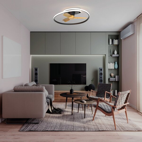 Mantra Iluminación LED stropni ventilator Ocean, črn/les, DC, tiho delovanje, premer 78 cm, CCT, zatemnjen, Črna, Dnevna soba / jedilnica, Plastika, Sodobni