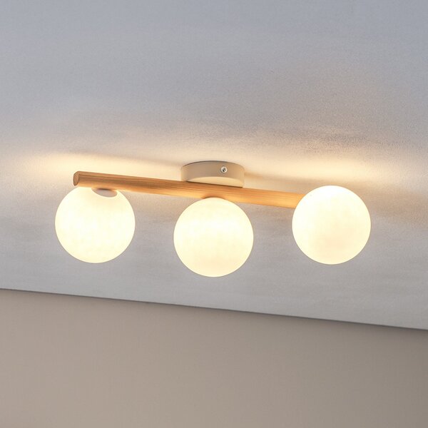 TK Lighting Stropna svetilka Estera, opalno steklo, les, tri plamenice, zatemnjen, Les, Dnevna soba / jedilnica, Steklo, Globus