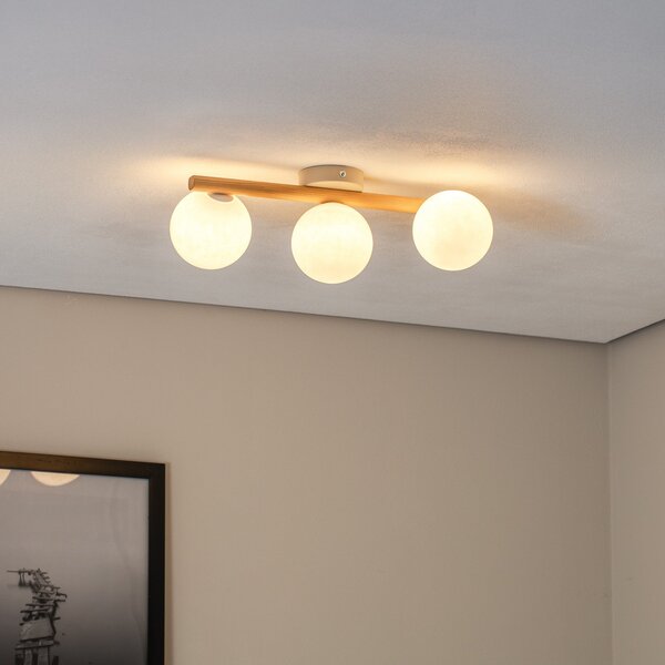 TK Lighting Stropna svetilka Estera, opalno steklo, les, tri plamenice, zatemnjen, Les, Dnevna soba / jedilnica, Steklo, Globus