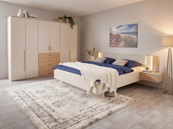 POSTELJNA GARNITURA 180 cm x 200 cm , leseni material barve hrasta, kašmir